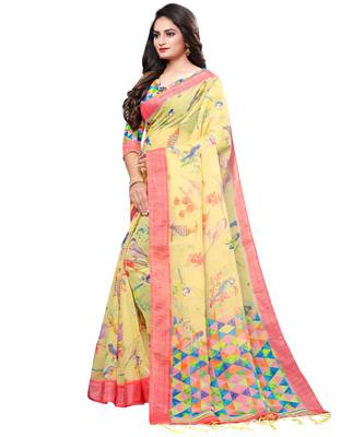 Yellow printed linen saree with blouse 2