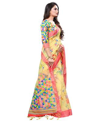 Yellow printed linen saree with blouse 3