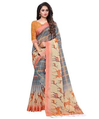 Grey printed linen saree with blouse 1