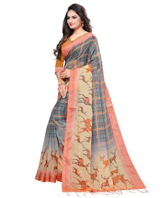 Grey printed linen saree with blouse 2