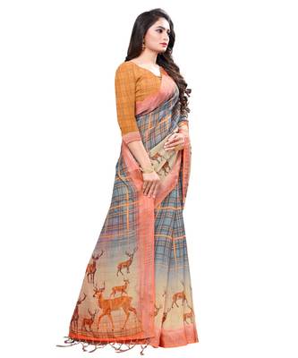 Grey printed linen saree with blouse 3