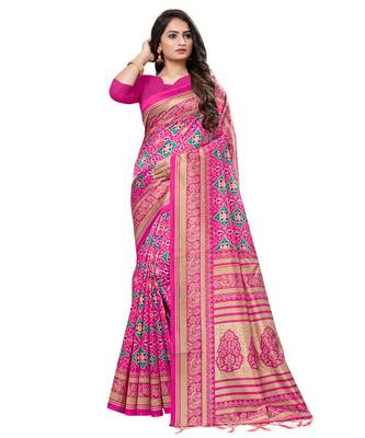 Pink woven Silk blend saree with blouse 1