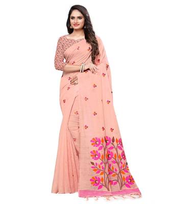 Peach woven cotton saree with blouse 1