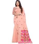 Peach woven cotton saree with blouse