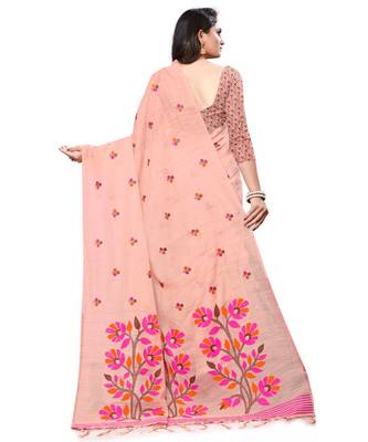 Peach woven cotton saree with blouse 2