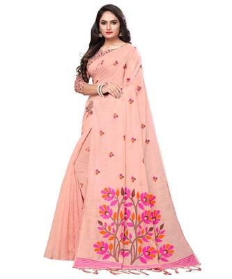 Peach woven cotton saree with blouse 3