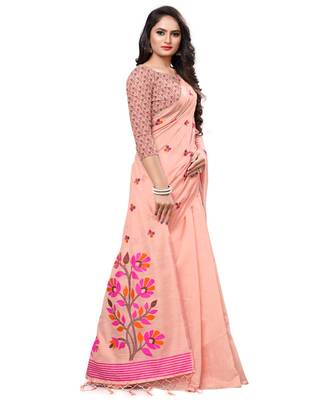 Peach woven cotton saree with blouse 4
