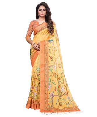 Yellow printed linen saree with blouse 1
