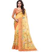 Yellow printed linen saree with blouse