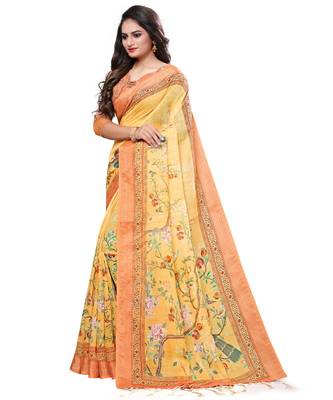 Yellow printed linen saree with blouse 2