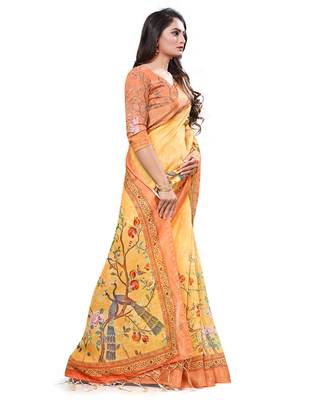 Yellow printed linen saree with blouse 3