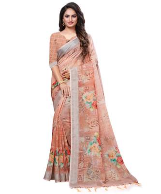 Orange printed linen saree with blouse 1