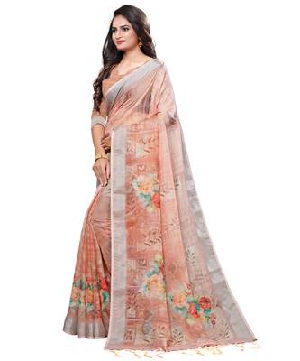 Orange printed linen saree with blouse 2