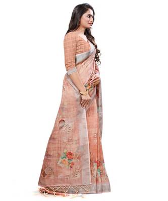 Orange printed linen saree with blouse 3