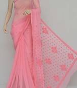 Peach Color, Hand Embroidered Lucknowi Chikankari Saree