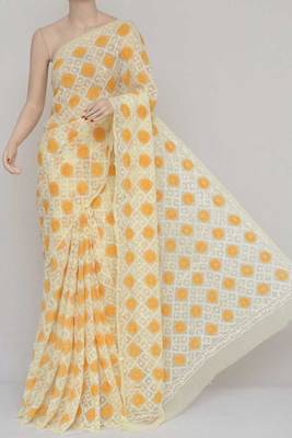 Yellow Color Tepchi Work Multithread Hand Embroidered Lucknowi Chikankari Saree 1