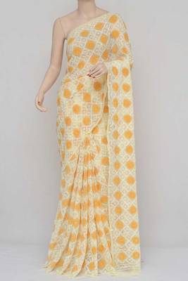 Yellow Color Tepchi Work Multithread Hand Embroidered Lucknowi Chikankari Saree 3