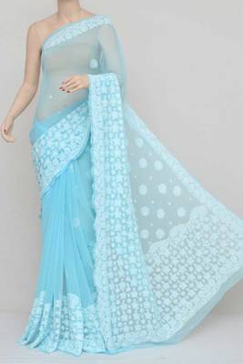 Blue Color Hand Embroidered Lucknowi Designer Chikankari Saree 1