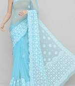 Blue Color Hand Embroidered Lucknowi Designer Chikankari Saree