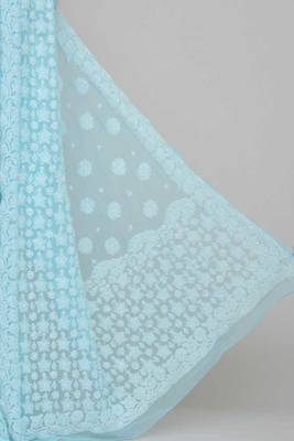 Blue Color Hand Embroidered Lucknowi Designer Chikankari Saree 2
