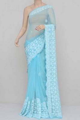 Blue Color Hand Embroidered Lucknowi Designer Chikankari Saree 3