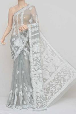 Grey Color Hand Embroidered Lucknowi Designer Chikankari Saree 1