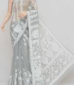 Grey Color Hand Embroidered Lucknowi Designer Chikankari Saree