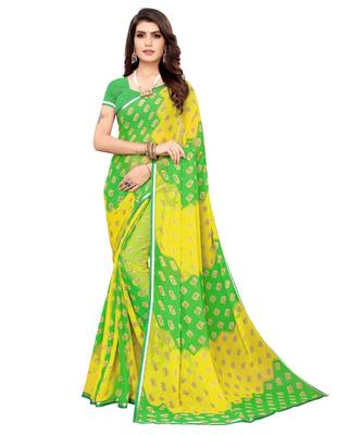 Green printed chiffon saree with blouse 1