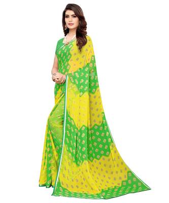 Green printed chiffon saree with blouse 2