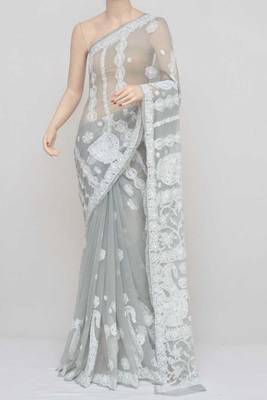 Grey Color Hand Embroidered Lucknowi Designer Chikankari Saree 3