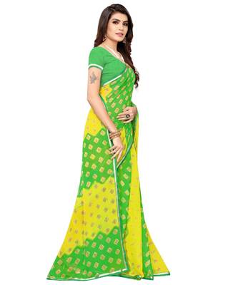 Green printed chiffon saree with blouse 3