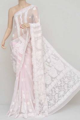 Baby Pink Colour, Hand Embroidered Work Lucknowi Chikankari Saree 1