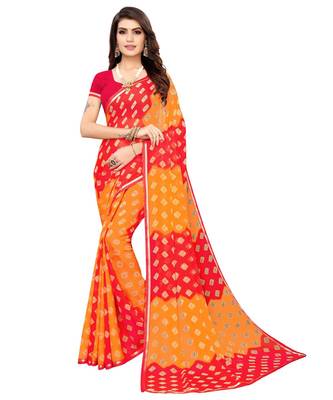 Orange printed chiffon saree with blouse 1