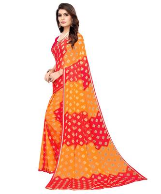 Orange printed chiffon saree with blouse 2