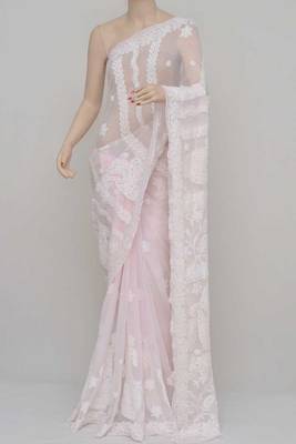 Baby Pink Colour, Hand Embroidered Work Lucknowi Chikankari Saree 3