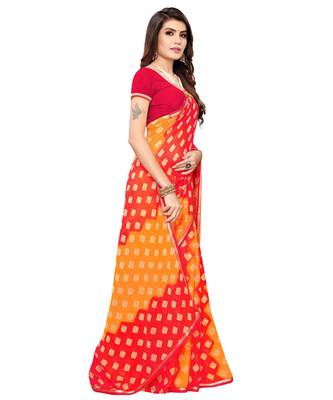 Orange printed chiffon saree with blouse 3