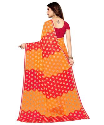 Orange printed chiffon saree with blouse 4