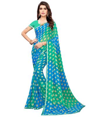 turquoise printed chiffon saree with blouse 1