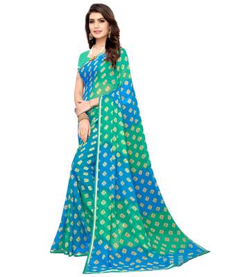 turquoise printed chiffon saree with blouse 2