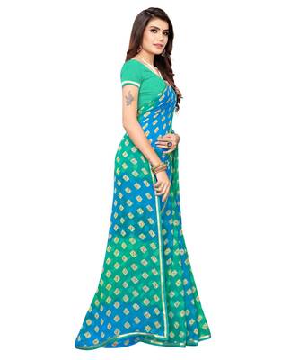 turquoise printed chiffon saree with blouse 3