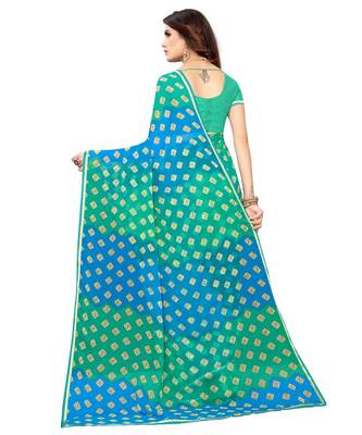 turquoise printed chiffon saree with blouse 4