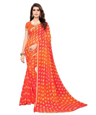 Orange printed chiffon saree with blouse 1