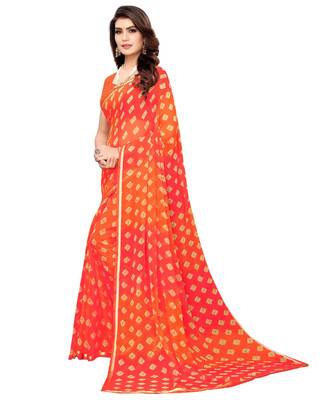 Orange printed chiffon saree with blouse 2