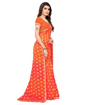 Orange printed chiffon saree with blouse 3
