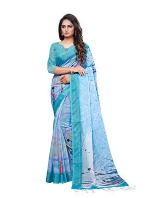 turquoise printed linen saree with blouse 1