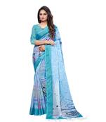turquoise printed linen saree with blouse