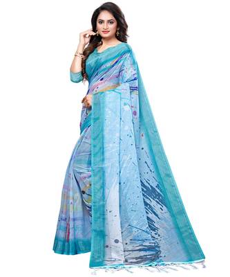 turquoise printed linen saree with blouse 2