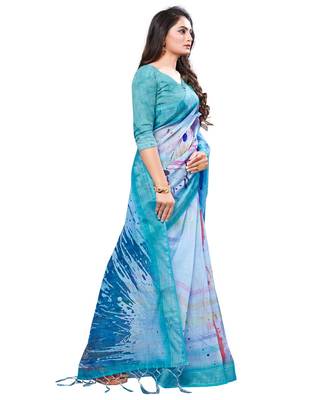 turquoise printed linen saree with blouse 3