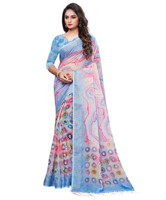 turquoise printed linen saree with blouse 1