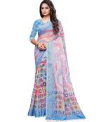 turquoise printed linen saree with blouse